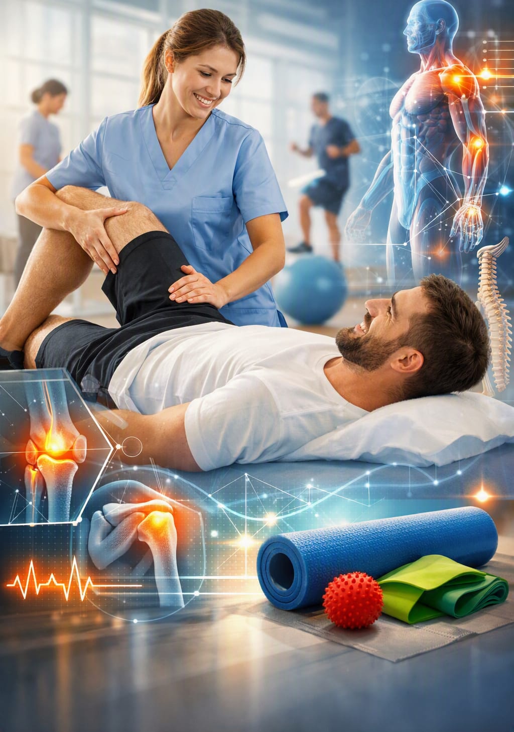 Fisioterapeuta asistiendo a paciente en clínica moderna con elementos digitales y ejercicios de rehabilitación.