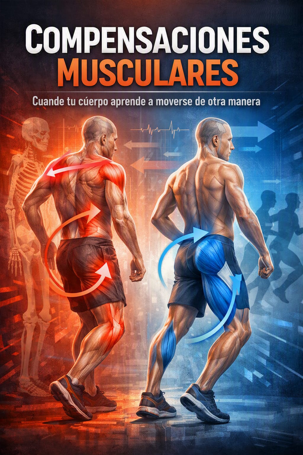 Ilustración sobre compensaciones musculares y patrones de movimiento adaptativo en fisioterapia, Centro de Rehabilitación Integral en Cancún.