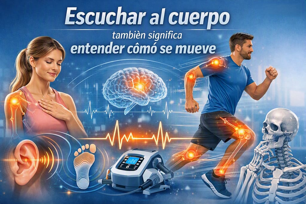 Ilustración sobre la conexión entre mente y movimiento corporal, mostrando cómo escuchar al cuerpo ayuda a comprender su biomecánica.