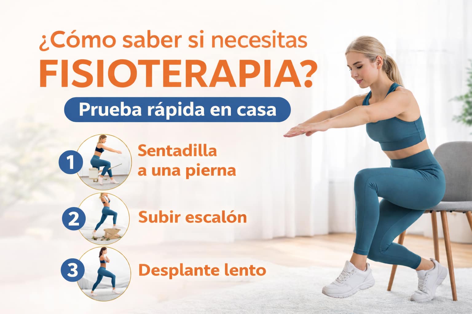 Ejercicios en casa para saber si necesitas fisioterapia: sentadilla a una pierna, subir escalón y desplante lento