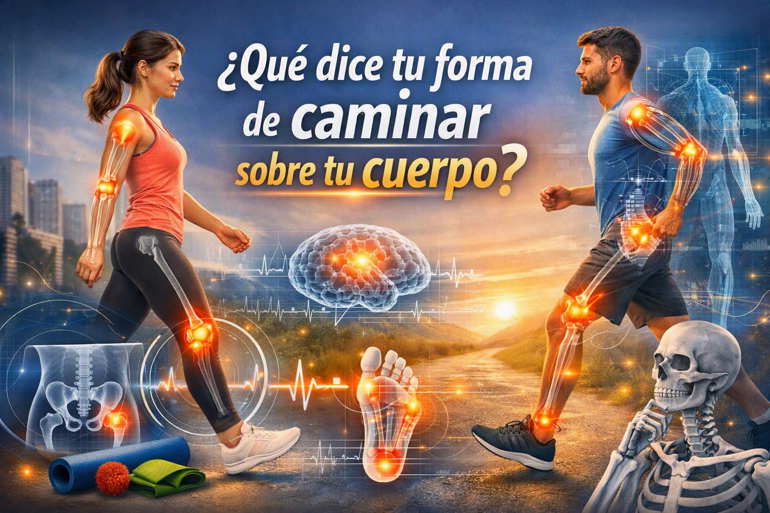 Análisis de la forma de caminar y su relación con la salud corporal, ilustración sobre biomecánica y postura.